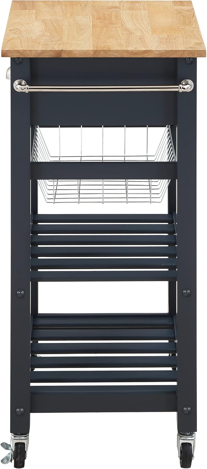 OSP Home Furnishings Hampton Kitchen Cart with Wood Top, Utensil Drawer, Under Cabinet Basket, and 2 Slatted Shelves, Blue Stone Base
