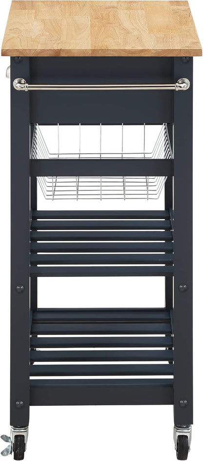 OSP Home Furnishings Hampton Kitchen Cart with Wood Top, Utensil Drawer, Under Cabinet Basket, and 2 Slatted Shelves, Blue Stone Base