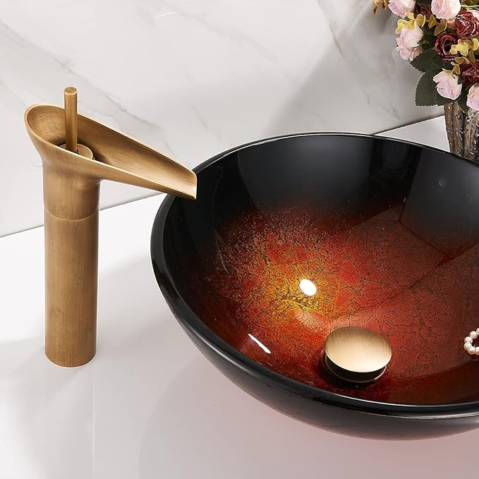 Antique Brass Pop Up Bathroom Vessel Sink Drain Stopper,Built-in Anti-Clogging Strainer, Fits Standard American Drain Hole(1-1/2" to 1-3/4"), with Overflow RWF083R