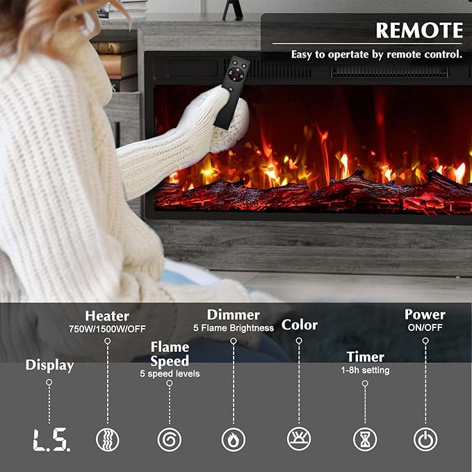 LEMBERI 70" Fireplace TV Stand for TVs up to 80", 36" Electric Fireplace 750W/1500W Entertainment Center with 20-Color LED, 300lbs Max Capacity High Gloss Storage Cabinet Console, Gray
