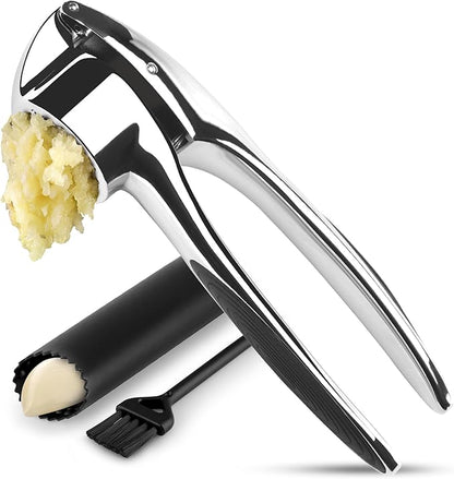 Zulay Kitchen Premium Garlic Press Set – Rust Proof & Dishwasher Safe Garlic Mincer Tool with Silicone Garlic Peeler & Brush, Easy Squeeze & Clean, Ergonomic Soft Grip Handle - Medium – Chrome