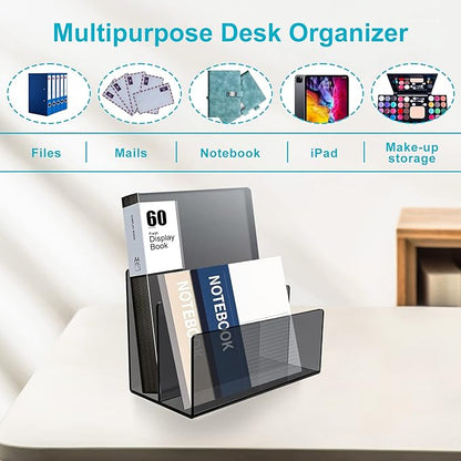 Boloyo Acrylic File Holder,1PC 2 Sections Clear Black File Organizer Mail Letter Sorter Desktop Folder Holder for Home Office School Envelope Bill Filling Paper Document