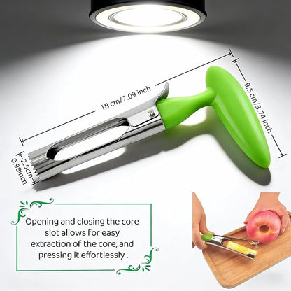 Premium Stainless Steel Apple Corer, Professional Fruit Core Remover Tool with Ergonomic Red Handle, Serrated Blades for Apples, Pears, Peaches, Plums, Easy Use & Clean (Green)