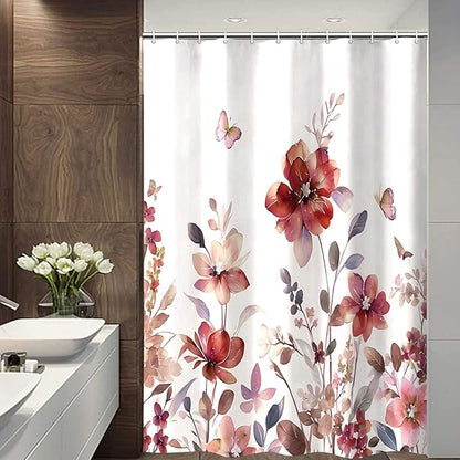 Red Floral Shower Curtain, Red Lavender Floral Butterfly Boho Shower Curtains for Bathroom, Farmhous Flower Cute Fabric Shower Curtain Set with 12PCS Hooks, 36X70IN