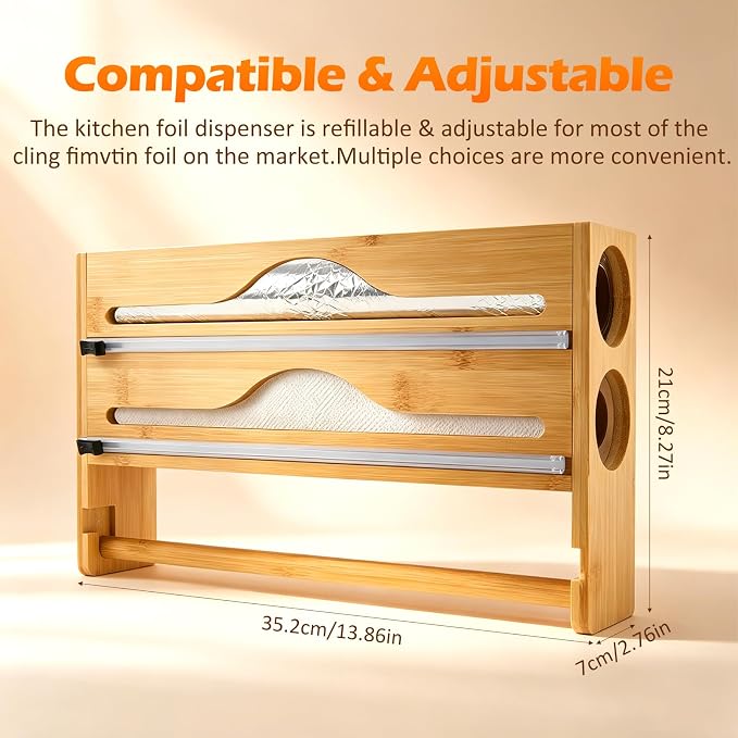 Plastic Wrap Dispenser with Cutter, 3 in 1 Tin Foil Wrap Dispenser Wall-Mounted Organizer for Baking Paper, Wax Paper Holder Kitchen Storage Box (Wood)