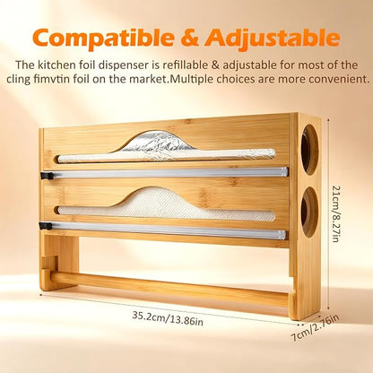 Plastic Wrap Dispenser with Cutter, 3 in 1 Tin Foil Wrap Dispenser Wall-Mounted Organizer for Baking Paper, Wax Paper Holder Kitchen Storage Box (Wood)