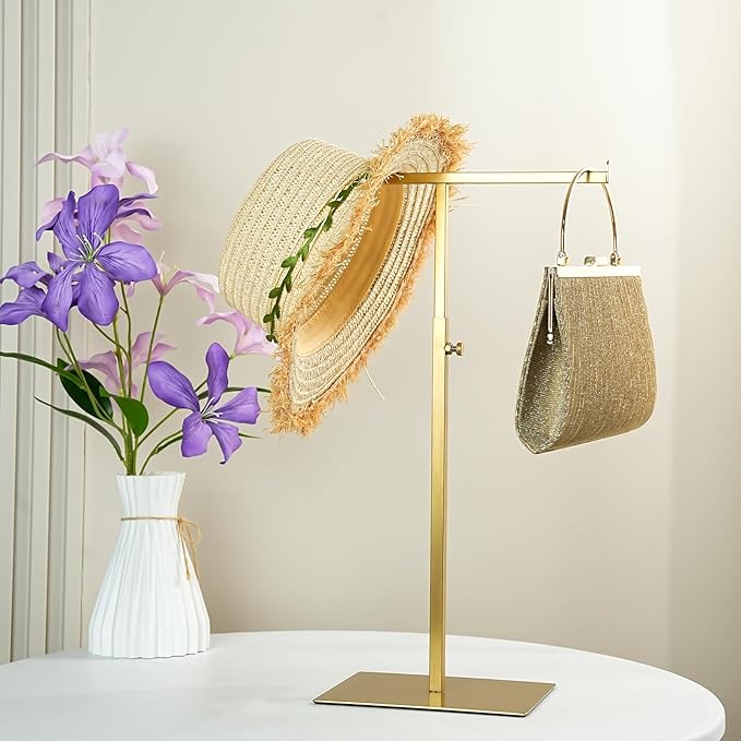 Display Stand Stainless Steel Jewelry Towers Bag Stand Tabletop Double Hook Hanging Jewelry Stands for Necklaces Organizer Stand Adjustable Height Home Store Boutique, Gold