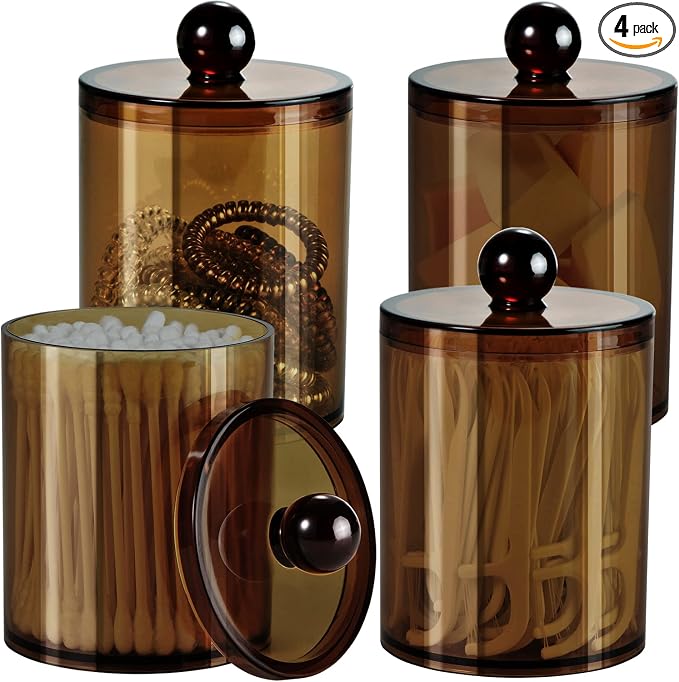 SheeChung 4-Pack Amber Acrylic Apothecary Jars - (2) 10oz & (2) 12oz Qtip Holder Set - Shatterproof Bathroom Vanity Organizer for Cotton Swabs,Balls,Pads - Modern Farmhouse Decor