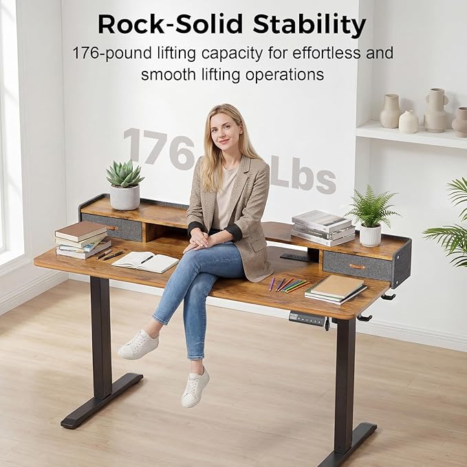 Electric Standing Desk with Drawers, 55 Inch Height Adjustable Desk with Power Outlets & LED Lights, Sit Stand Table with Monitor Stand for Home, Office, Rustic Brown