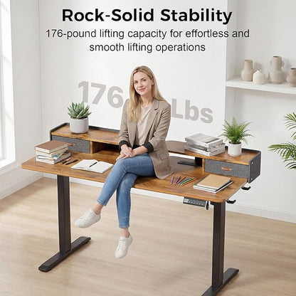 Electric Standing Desk with Drawers, 55 Inch Height Adjustable Desk with Power Outlets & LED Lights, Sit Stand Table with Monitor Stand for Home, Office, Rustic Brown