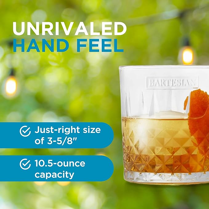 Bartesian Diamond Etched Lowball Glasses - 10.5 Oz Short Low Ball Glass Set for Cocktails & Mocktails - Classy Home Bar Glassware for Bourbon, Whiskey Sour, Old Fashioned, Mint Julep - Set of 2