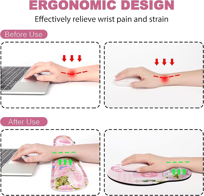 Ergonomic Mouse Pad with Wrist Rest and Keyboard Wrist Rest, Mousepad and Wrist Rest for Computer Keyboard, Pain Relief, Non-Slip Rubber Base, Mouse Pad with Wrist Support for Gaming, Pink Collage