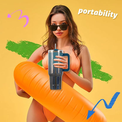 30 oz Shiny Tumbler with Handle and Straw,Stainless Steel Tumbler with Lid and Straw,Insulated Travel Mug(Cold for 34 Hours),Water Bottle for Iced Tea,Coffee (Black Blue)
