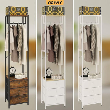 YMYNY Garment Rack, Clothes Rack with Drawers, Freestanding Tall Closet Organizer with 3 Fabric Drawers, Clothes Stand for Hanging Shirts, Coat,15.35" L×11.41" W×70.47" H Wood Color&White UHGR001R