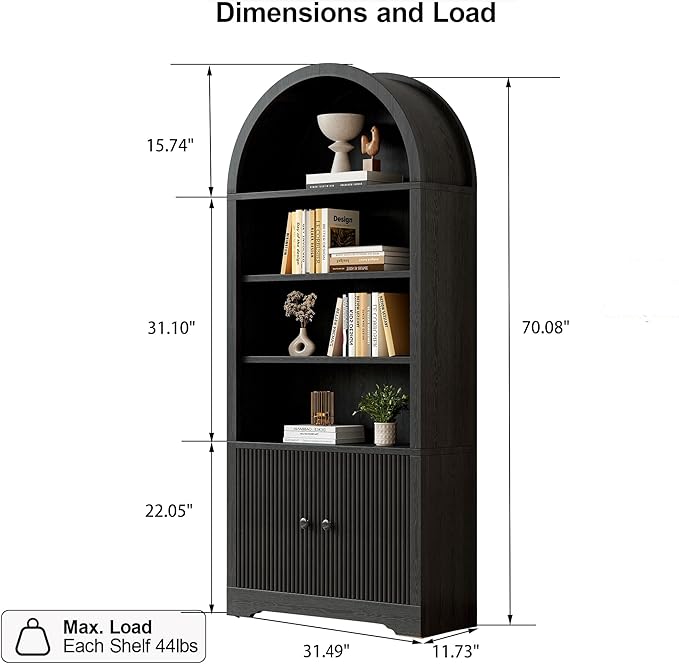 70" Arched Bookcase with Storage, 6 Tier Bookshelf with Door, Freestanding Display Storage Cabinet Farmhouse Storage Shelves for Living Room,Bedroom Home Office,Black Oak