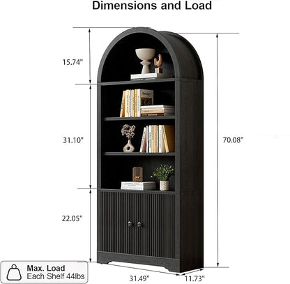 70" Arched Bookcase with Storage, 6 Tier Bookshelf with Door, Freestanding Display Storage Cabinet Farmhouse Storage Shelves for Living Room,Bedroom Home Office,Black Oak