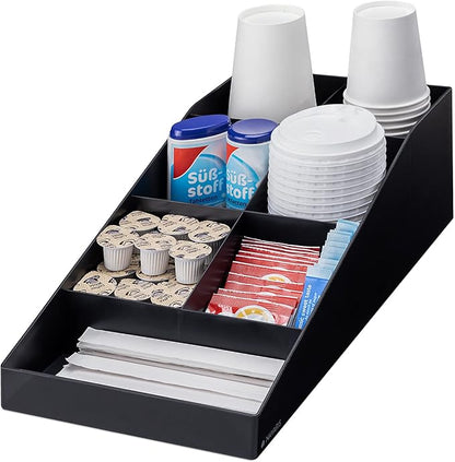 Navaris Coffee Station Organizer - 7 Compartment Coffee Bar for Sugar, Creamer, Cup, Tea - Office & Kitchen Countertop Organization