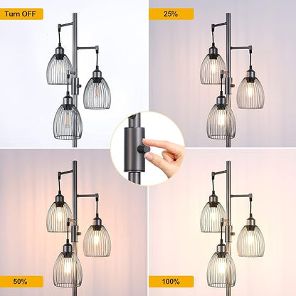 Nintiue Dimmable Floor Lamp, 3 x 800LM LED Edison Bulbs Included, Industrial Floor Lamp Standing Tree Lamp with Elegant Teardrop Cage Heads Tall Lamps for Living Room Bedroom-Grey