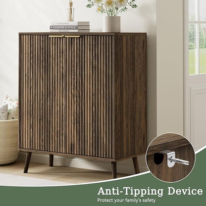 Fluted Shoe Cabinet with Doors,5-Tier Freestanding Shoe Storage Cabinet with Adjustable Shelves, Wooden Shoe Rack Organizer with Solid Legs for Entryway,Hallway,Walnut