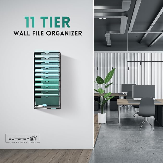 SUPEASY 11-Tier Wall File Organizer, Hanging Wall Files for Papers, Folders, Magazines, Wall Organizer for Clipboard, Assembly Needed, Black