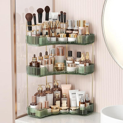 BEFSOP Corner Bathroom Counter Organizer, Upgraded 3-Tier Makeup Organizer Countertop with Makeup Brush Holder, Skincare Exquisite Vanity Organizers Countertop Bathroom Storage Dresser(Green)