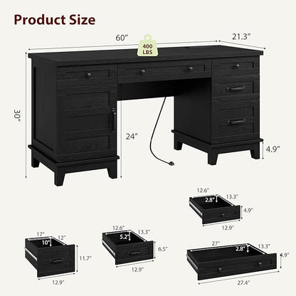 60" Traditional Home Office Desk with Power Outlets, Wooden Executive Desk with File Cabinet and Drawers, Farmhouse Wood Work Desk for Work, Study, Writing, Black