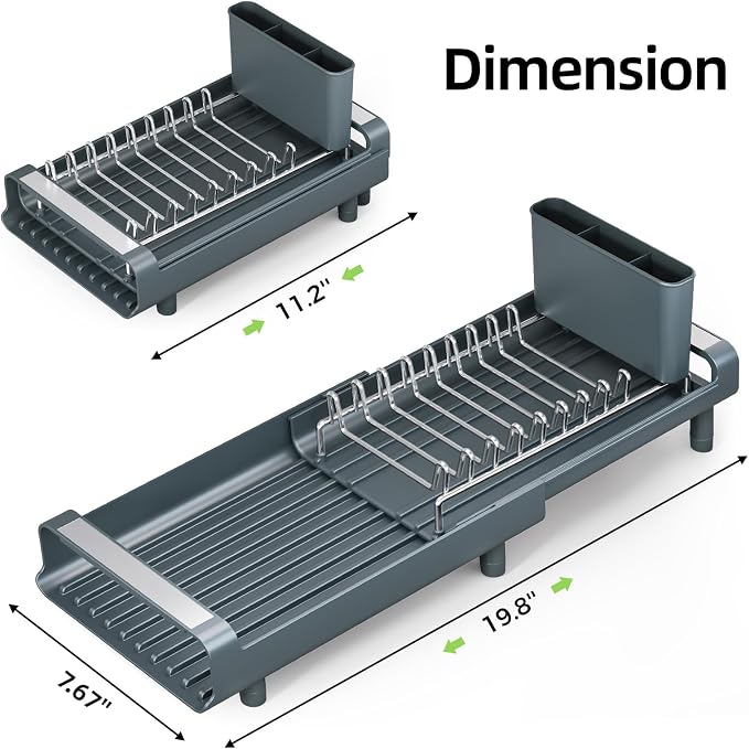 TOOLF Small Dish Drying Rack, Mini Expandable Compact Dish Rack, Slim Extendable Stainless Steel Dish Drainer for Kitchen Countertop, Space Saving Dish Strainer, Dark Slate Gray