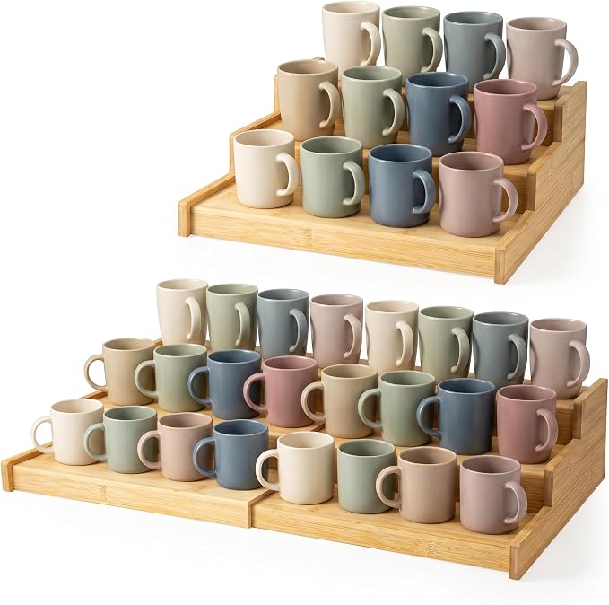 3-Tier Expandable Bamboo Mug Holder Shelf Rack For Countertop Coffee Cup Holder Display, Pantry Can Organizer for Cabinet, Coffee Bar Organizer for Kitchen