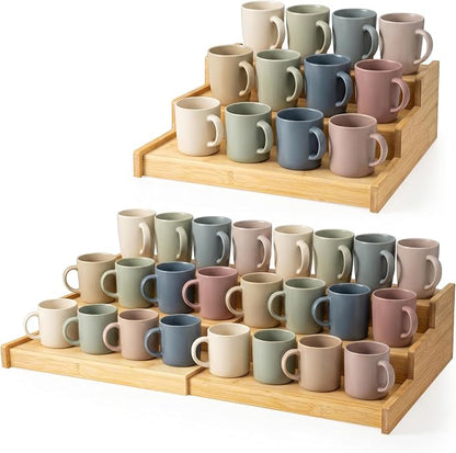 3-Tier Expandable Bamboo Mug Holder Shelf Rack For Countertop Coffee Cup Holder Display, Pantry Can Organizer for Cabinet, Coffee Bar Organizer for Kitchen