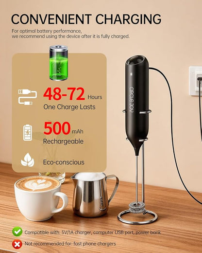CIRCLE JOY Rechargeable Milk Frother Handheld with Stand, Dual Spring Whisk Head Electric Coffee Frother Foam Maker, Portable Drink Mixer for Cappuccino, Latte, Matcha, Black