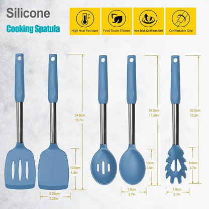 Silicone Spatula and Cooking Spoon,5 Pack Solid & Slotted Spoons and Spatulas High Heat resitant for Kitchen, Stainless Steel Handle Coated with Silicone, Non Stick Utensil, Starry blue