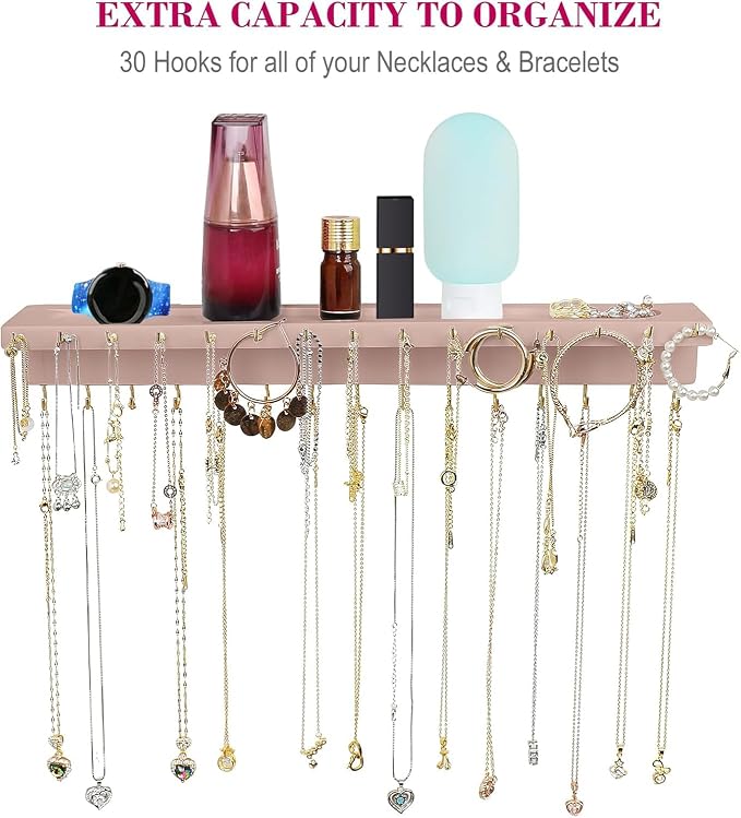 YYILIS Necklace Holder, Upgraded Extra Large Wall Necklace Organizer with 30 Hooks Wall Mounted Necklace Hanger with Jewelry Tray/Cosmetics Shelf Rustic Pine Wood Holder (Pink)