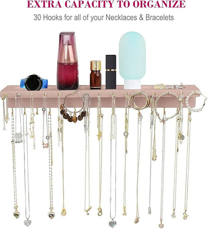 YYILIS Necklace Holder, Upgraded Extra Large Wall Necklace Organizer with 30 Hooks Wall Mounted Necklace Hanger with Jewelry Tray/Cosmetics Shelf Rustic Pine Wood Holder (Pink)