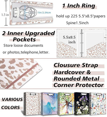 Mini 3 Ring Binder 1 Inch for 5.5"x8.5" Paper, Cute Small Three Ring Binders with Clipboard,5-Tab Dividers, Interior Pocket, Spine ID Label Holder, BVSSX A5 Binder with Pen Holder,Leopard