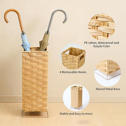 Umbrella Holder for Entryway - Handwoven Rattan Umbrella Stand Indoor with Water Reservoir Base, Durable Metal Hooks & Drip Tray, Stylish Umbrella Basket and Umbrella Storage Bucket