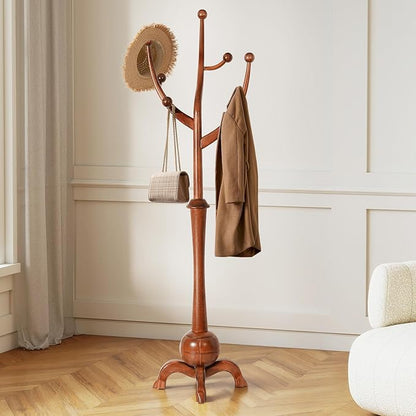 Wooden Coat Rack Freestanding with 8 Hooks, Heavy Duty Coat Hanger Stand with Stable Base, Vintage Coat Tree Standing Coat Racks for Entryway, Hallway, Bedroom (Light Brown)