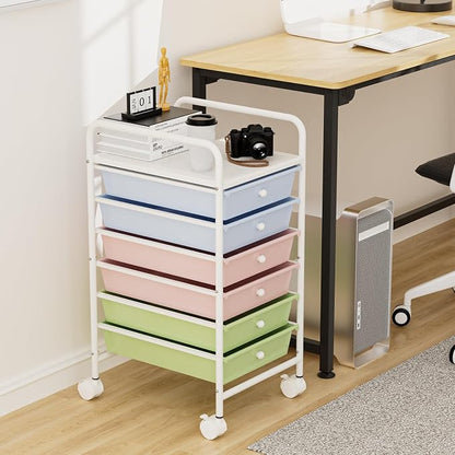 6-Tier Utility Cart with 6 Drawers, Rolling Utility Cart with 2 Lockable Caster Wheels, Multipurpose Mobile Rolling Drawer Cart for Office Bathroom Kitchen, Colorful