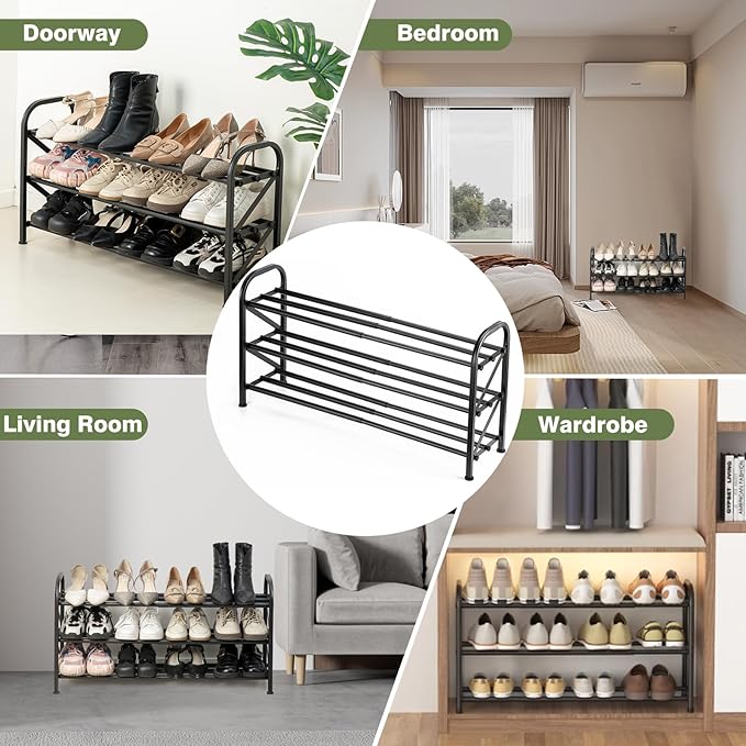 3-Tier Shoe Rack for Closet, 16"-33" Expandable ShoeRackAdjustable for Entryway Closet Doorway SturdyMetal, Black