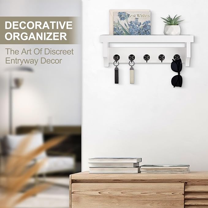 Key and Mail Holder Wall Mount, Key Holder with Shelf and Mail Organizer Wall Mount. Mail Holder with 5 Hooks for Coat, Dog Leash, Home Decor Rack, Entry Way Organizer (White)