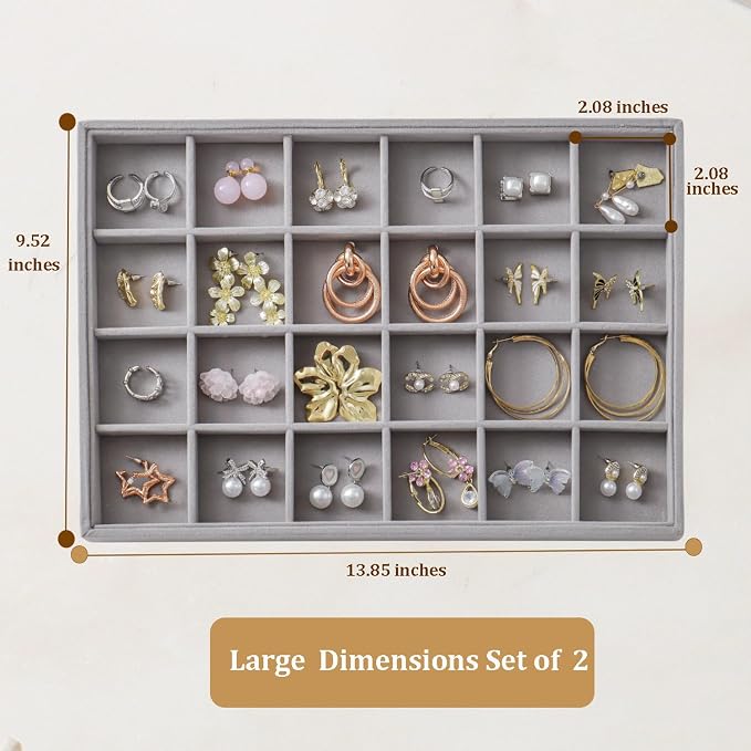 Large Velvet Jewelry Tray 2 Pack Stackable Jewelry Display Drawer Inserts Trays Organizer for Earring Bracelet Necklace Ring (Gray, 24 Grids)
