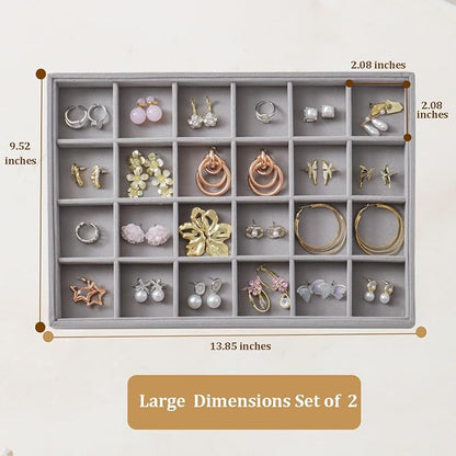 Large Velvet Jewelry Tray 2 Pack Stackable Jewelry Display Drawer Inserts Trays Organizer for Earring Bracelet Necklace Ring (Gray, 24 Grids)