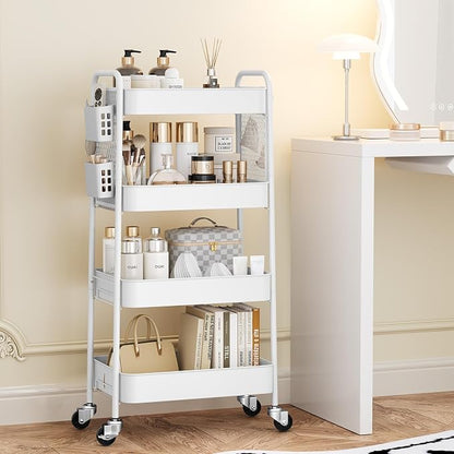 TOOLF 4 Tier Rolling Cart with Pegboard, Metal Storage Organizer Cart with Wheels, Hooks & Bins Esthetician Craft Art Sturdy Storage for Bathroom, Kitchen, Office, Nursery Diaper