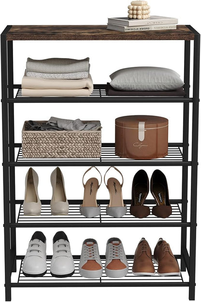 HOMEFORT 5-Tier Shoe Rack, Shoe Storage Shelf with MDF Top Board, Shoe Rack Organizer, Each Tier Fits 3 Pairs, Entryway Shoe Stand with Sturdy Shelves, Rustic Brown