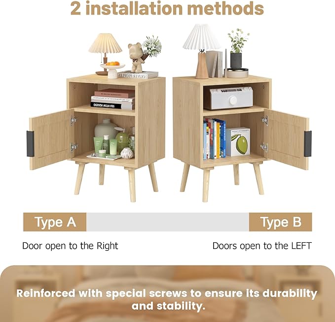Rattan Nightstand with Storage, Side Table for Bedroom Living Room Dorm, Modern Bedside End Table with Open Shelf, Solid Wood Legs,Oak