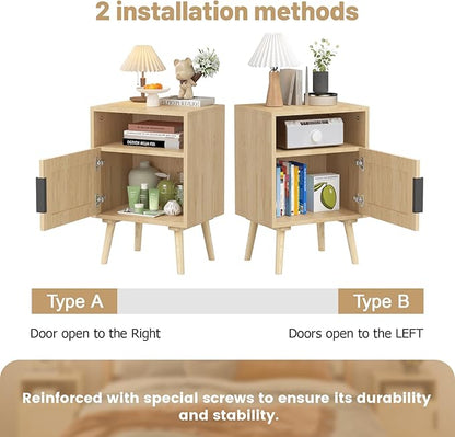 Rattan Nightstand with Storage, Side Table for Bedroom Living Room Dorm, Modern Bedside End Table with Open Shelf, Solid Wood Legs,Oak
