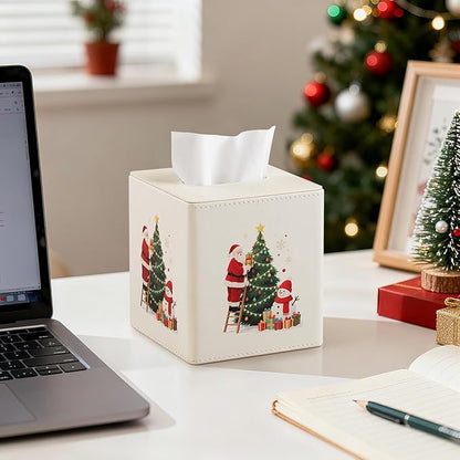 Square Christmas-Themed Tissue Box Cover with A Magnetic Bottom,A Stylish Leather-Decorated Tissue Holder for Living Rooms, Bedrooms, and Office Desks (White Square)