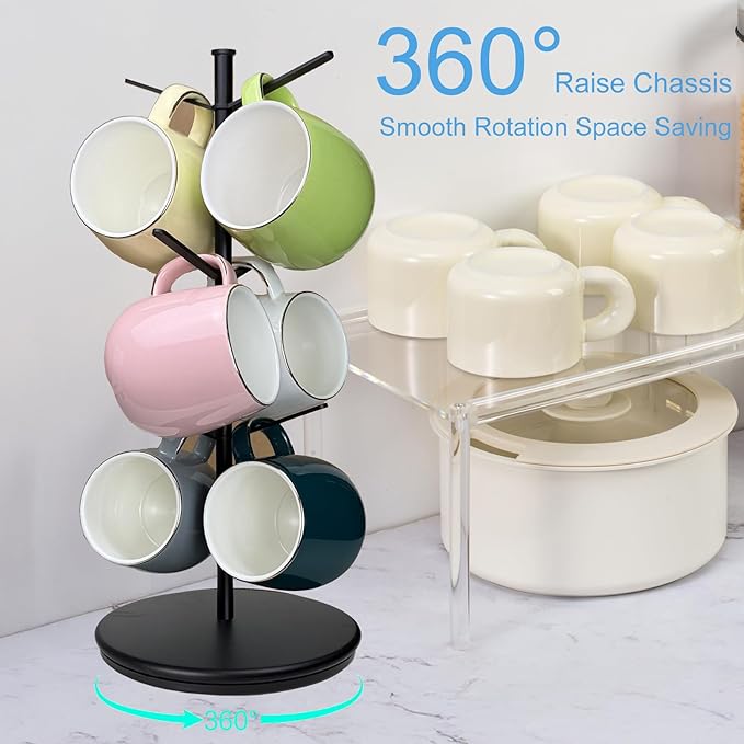 360° Rotating Mug Tree, 6 Hooks Upgraded Stable Metal Mug Holder, Bamboo Base Coffee Mug Cup Rack for Counter Top, Mug Display, Home Storage and Cup Organizer, Black