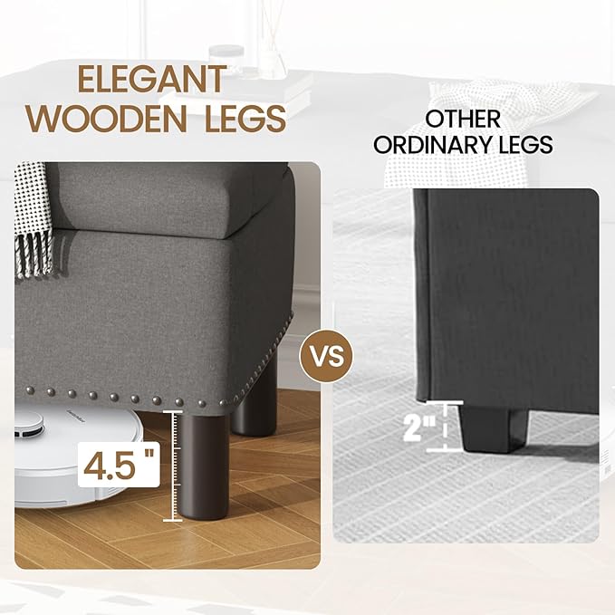 Furniliving Storage Bench, Upholstered Linen Ottoman Bench with Button-Tufted, Folding Bedroom Bench with Wood Legs, Entryway Bench for Bedroom, Grey