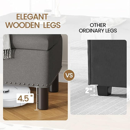 Furniliving Storage Bench, Upholstered Linen Ottoman Bench with Button-Tufted, Folding Bedroom Bench with Wood Legs, Entryway Bench for Bedroom, Grey