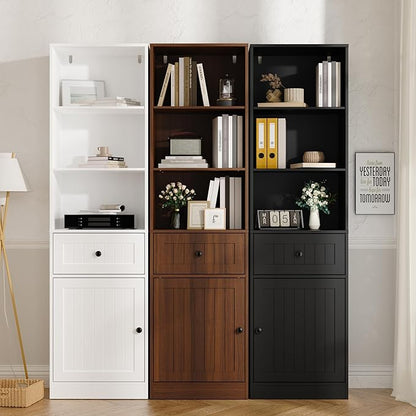 Farmhouse 71" Tall Bookshelf with Drawer, Narrow Bookcase with Adjustable Left/Right Door, Adjustable Shelf, Freestanding Display Book Shelf for Bedroom,Living Room, Office, Walnut